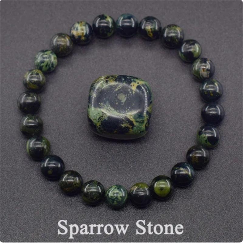 Detailed view of the Sparrow Stone bracelet, capturing its unique color mix of green, black, and yellow for a grounding aesthetic.